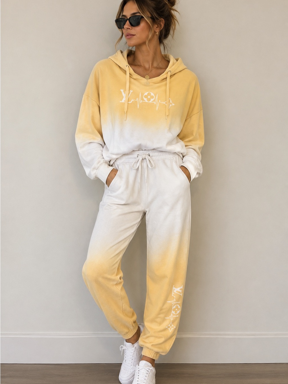 FASHION Dip Dye Hoodie & Jogger Set in Yellow and White
